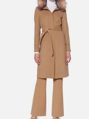 One Madison Camel Wool Blend Belted Coat Fur Trim Hood Size S/P